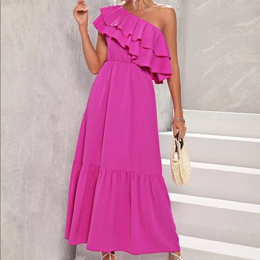 Boho pink ruffle hem one shoulder ruffle dress - Picture 2 of 6